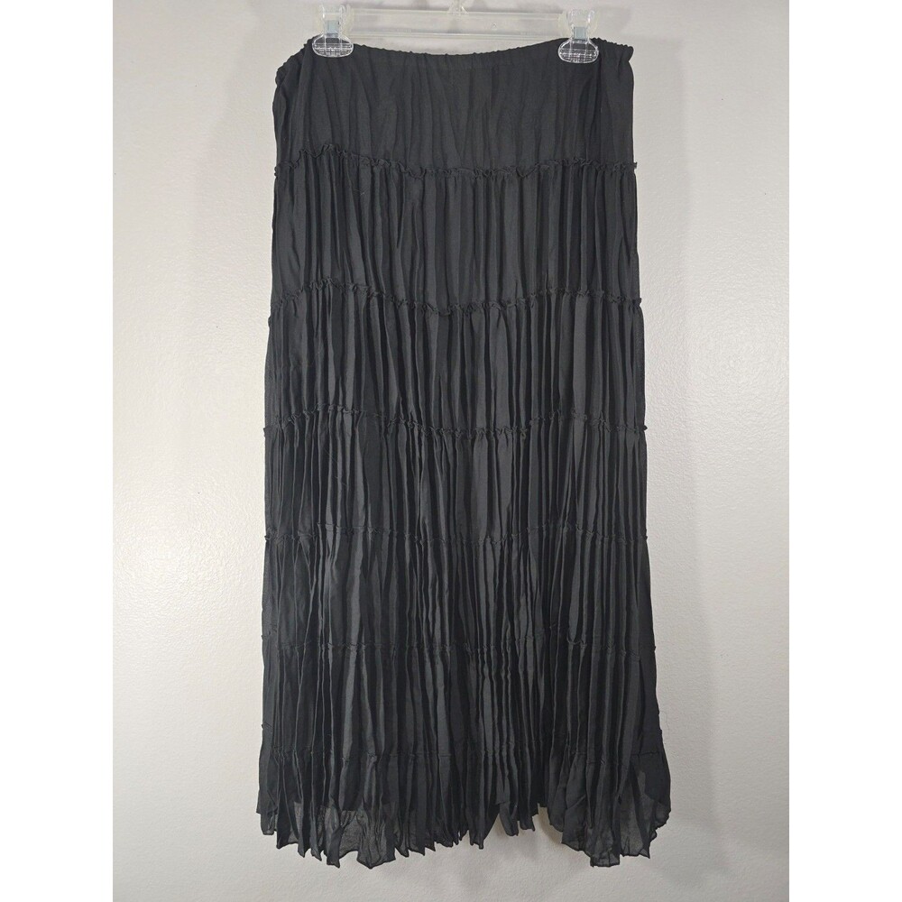 Vintage Sunny Leigh Midi Skirt Large Black Crinkle Tiered Witchy Whimsygoth AF